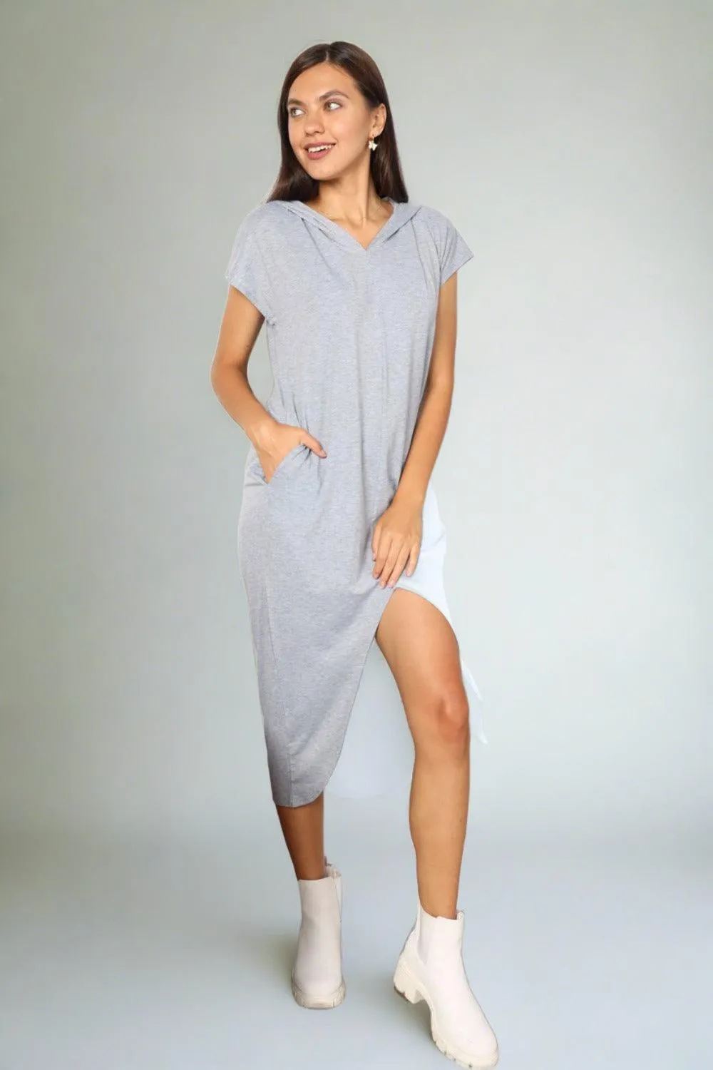 Double Take Short Sleeve Front Slit Hooded Dress