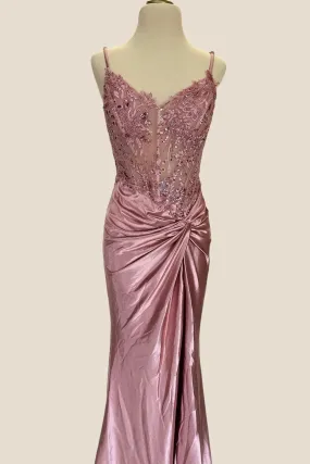 Dusty Rose Beaded Ruched Mermaid Long Dress