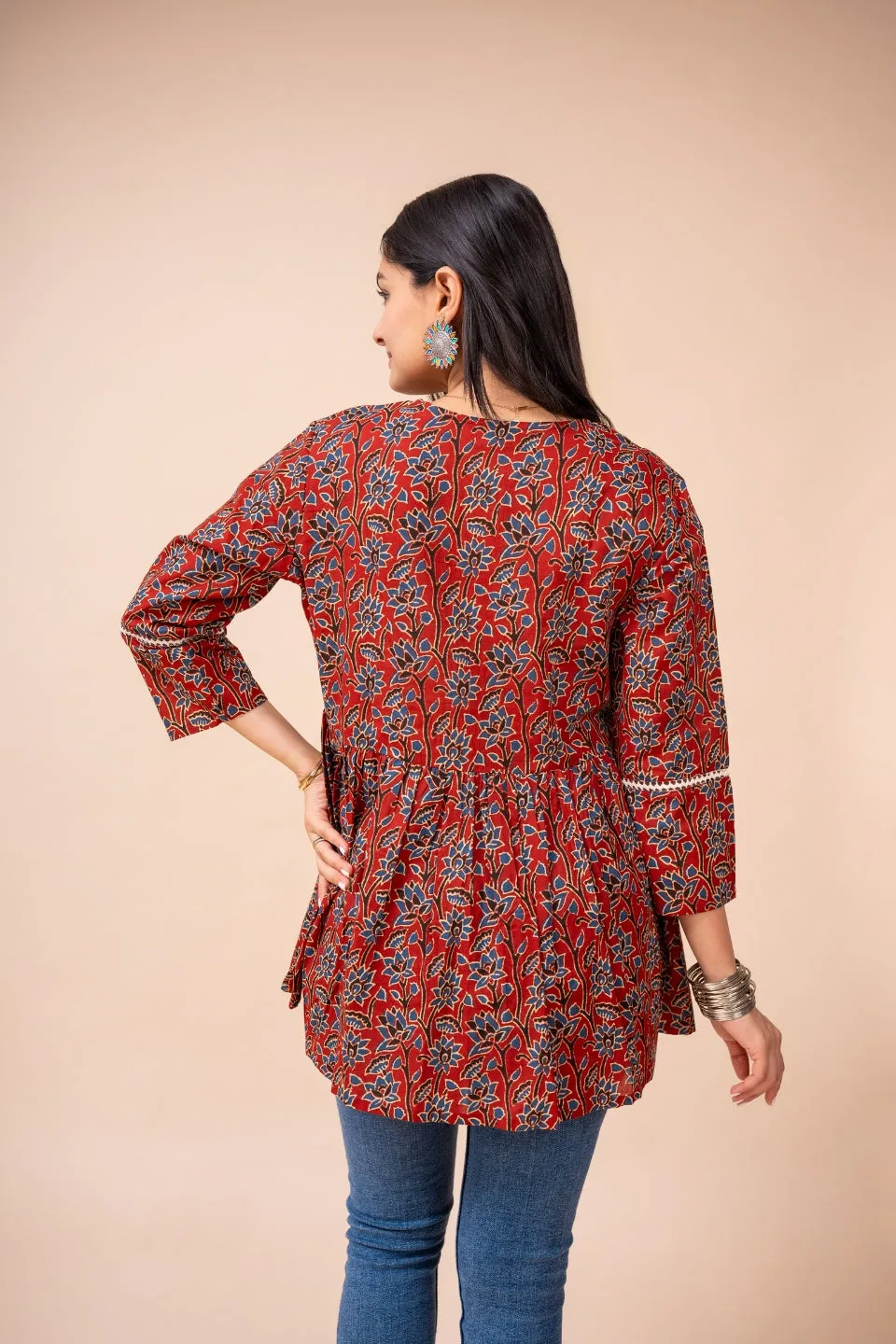 Ekisha's women marron ajrak floral printed cotton tunic top short kurti