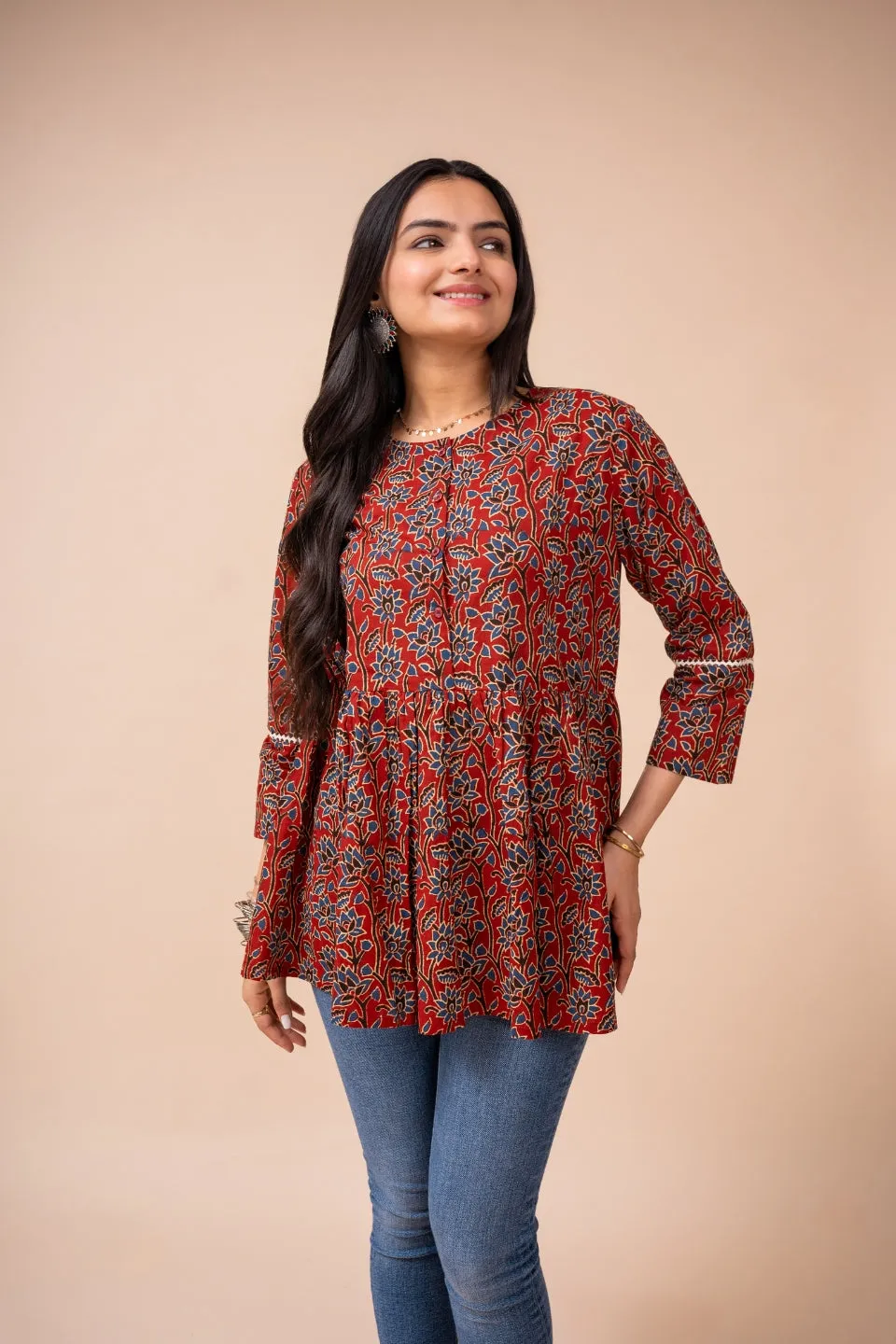 Ekisha's women marron ajrak floral printed cotton tunic top short kurti