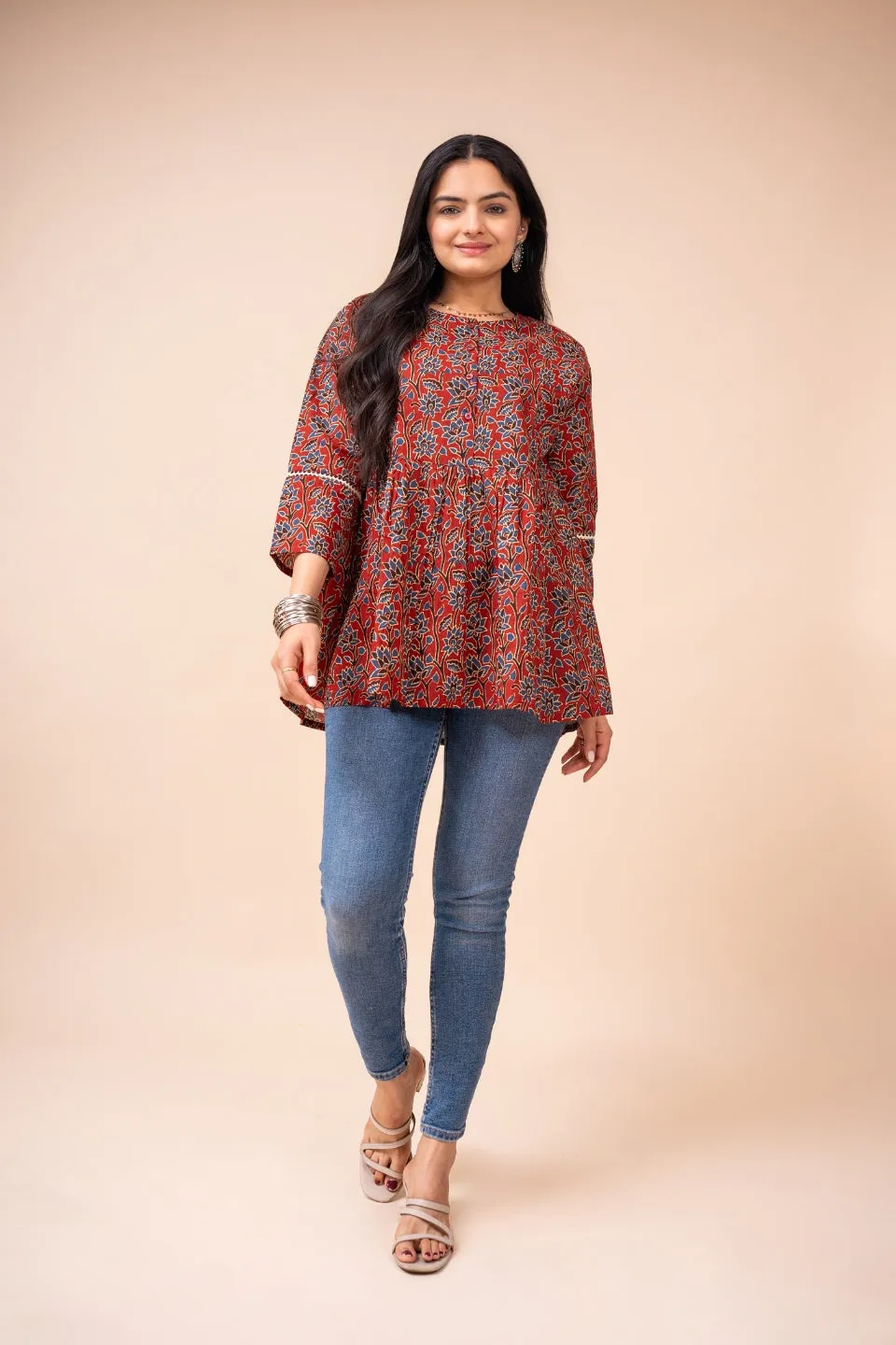 Ekisha's women marron ajrak floral printed cotton tunic top short kurti