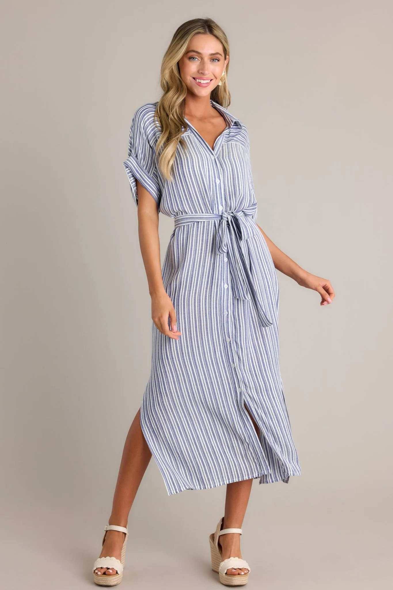 Embrace The Day Blue Stripe Midi Shirt Dress