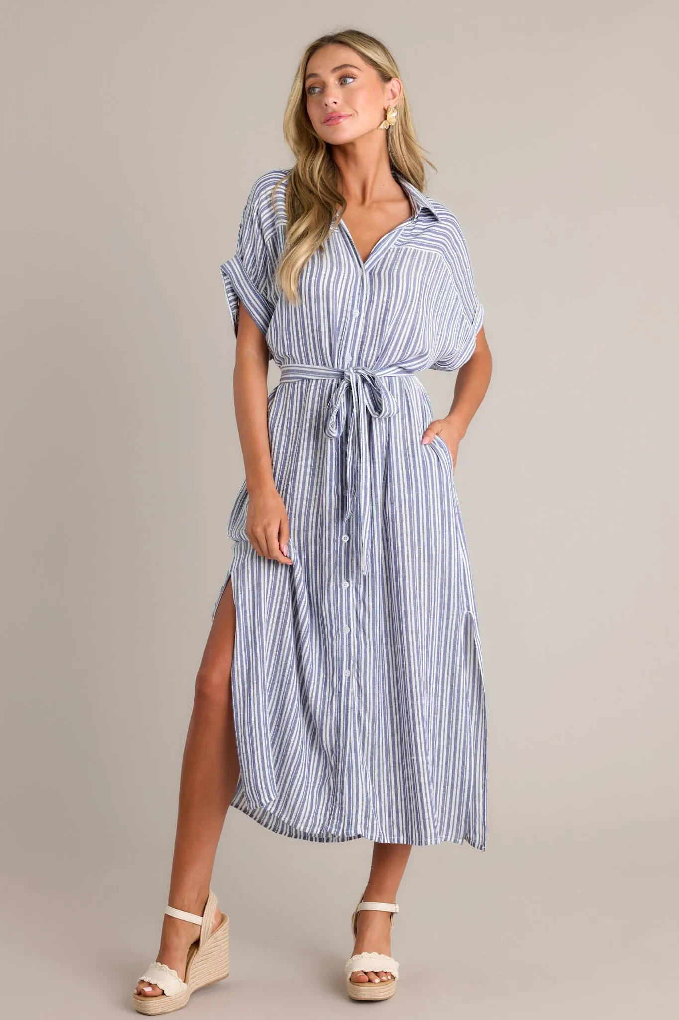 Embrace The Day Blue Stripe Midi Shirt Dress