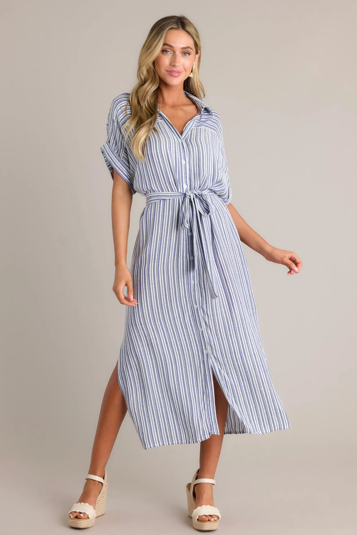 Embrace The Day Blue Stripe Midi Shirt Dress