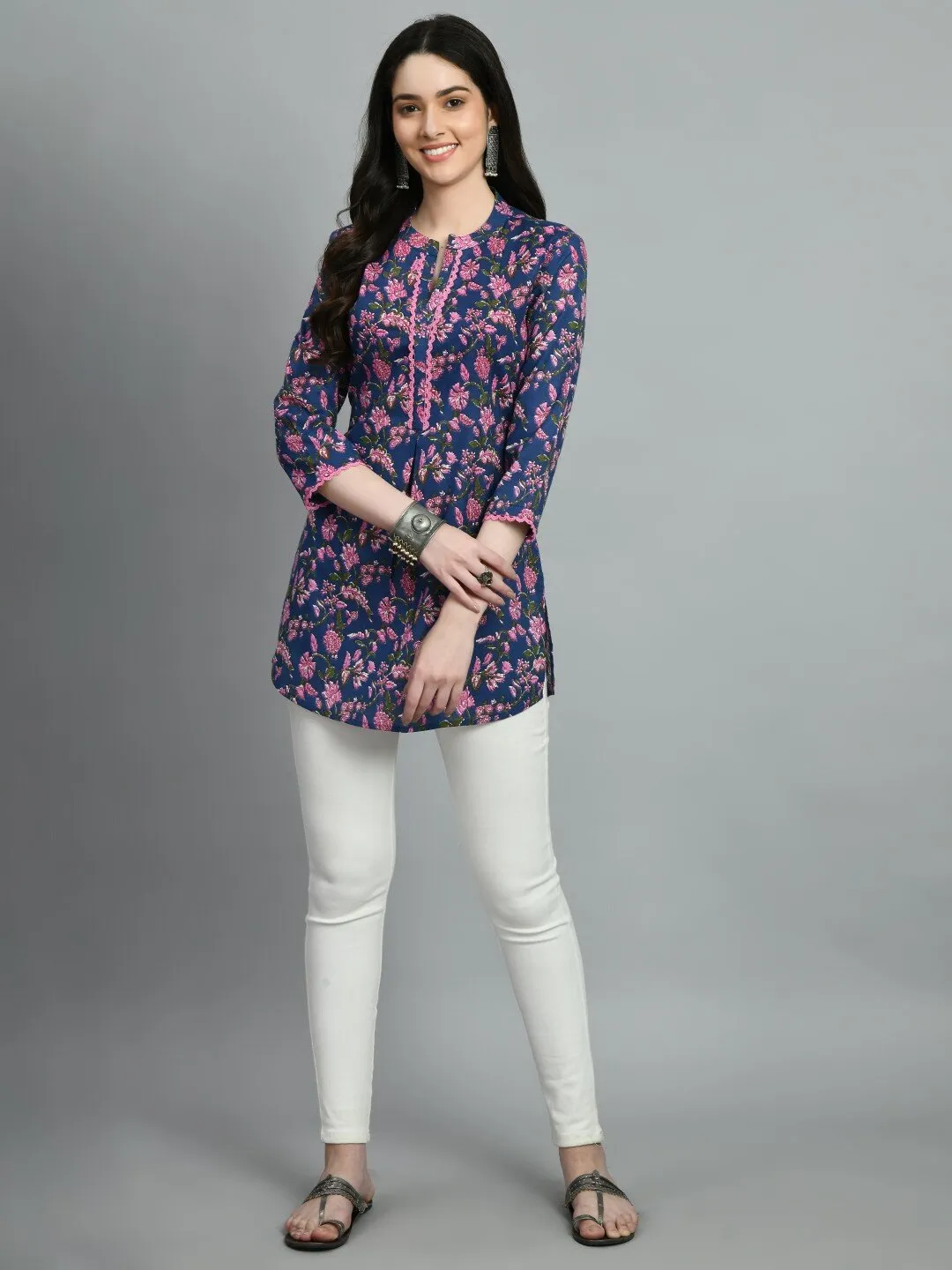 Ethnic Printed Mandarin Collar Cotton Tunic