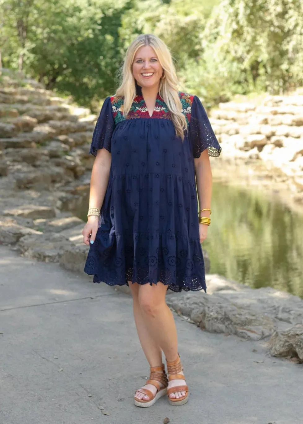 Eyelet Embroidered Dress, Navy