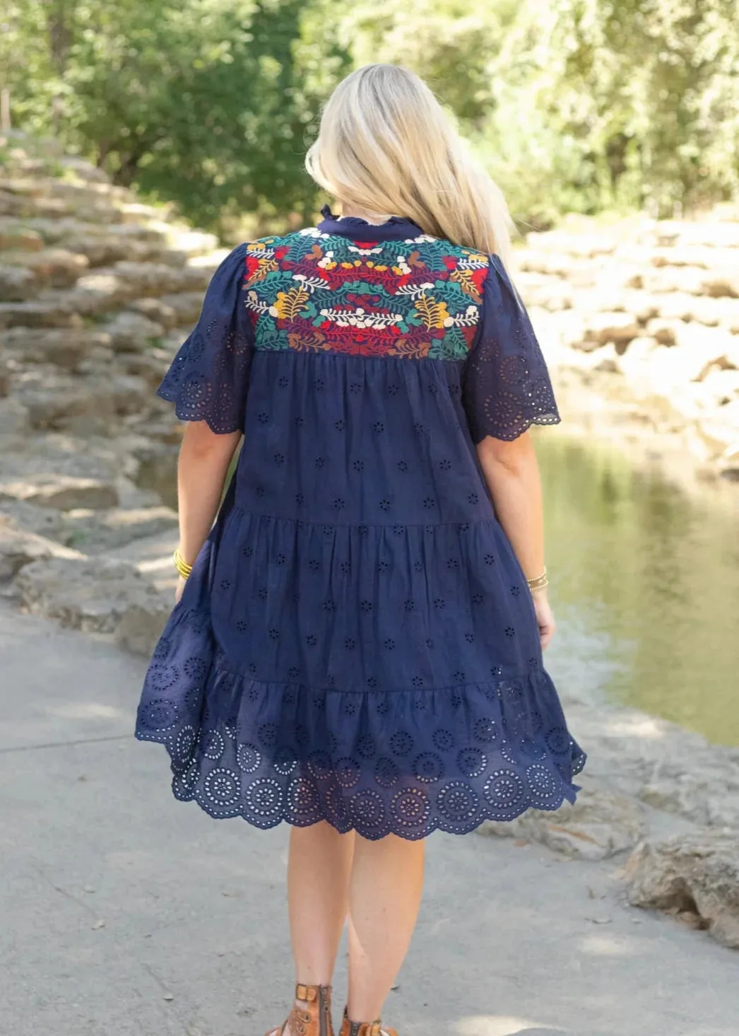 Eyelet Embroidered Dress, Navy