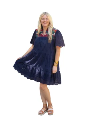 Eyelet Embroidered Dress, Navy