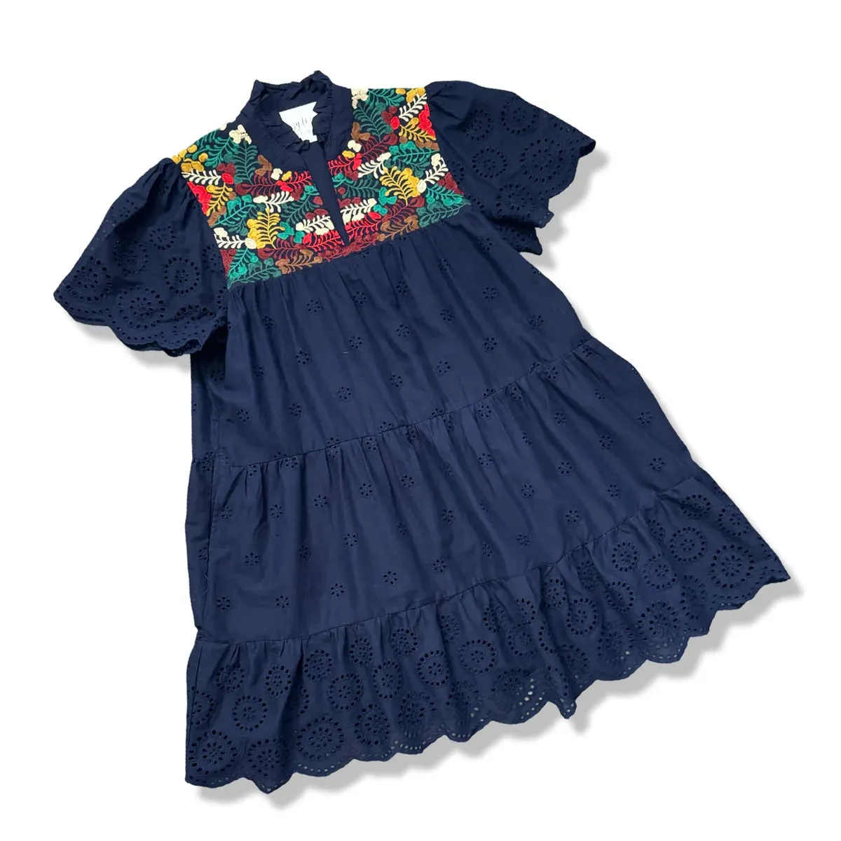 Eyelet Embroidered Dress, Navy