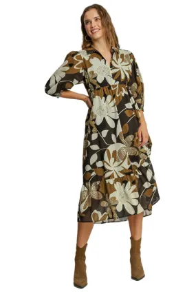 Floral Abstract Tiered Midi Dress, Camel