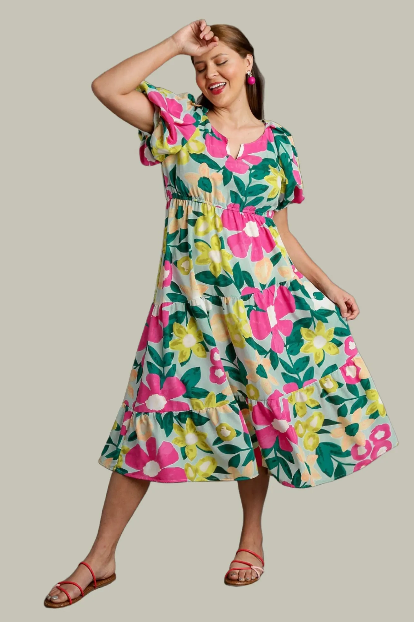 Floral Balloon Sleeve Midi Dress, Mint