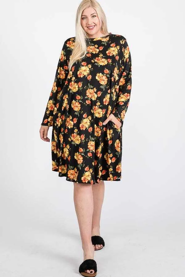 Floral Mock Neck Hidden Pocket Round Hem Midi Dress | Plus