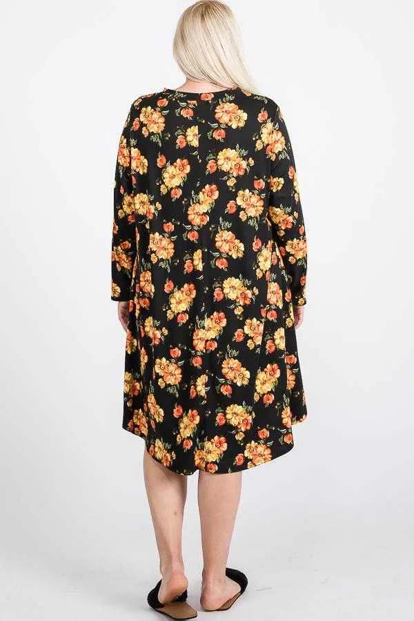 Floral Mock Neck Hidden Pocket Round Hem Midi Dress | Plus