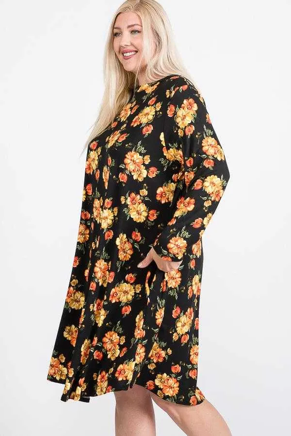 Floral Mock Neck Hidden Pocket Round Hem Midi Dress | Plus