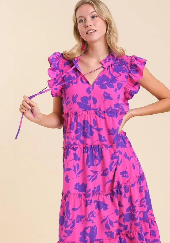 Floral Print Tiered Dress, Magenta