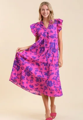 Floral Print Tiered Dress, Magenta