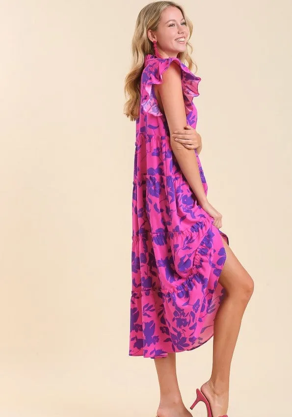 Floral Print Tiered Dress, Magenta