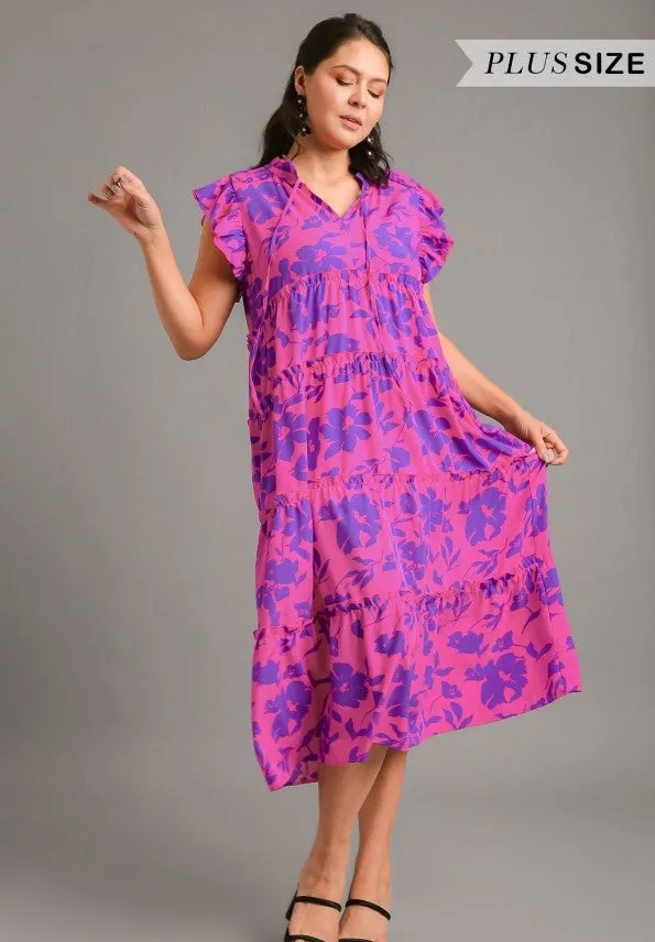 Floral Print Tiered Dress, Magenta