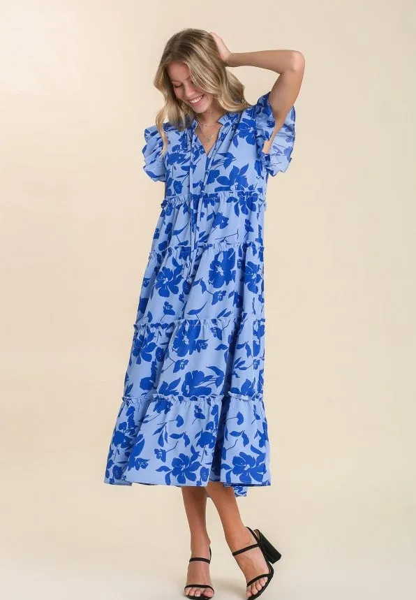 Floral Print Tiered Dress, Periwinkle