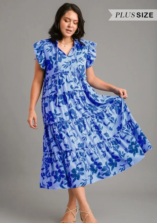 Floral Print Tiered Dress, Periwinkle