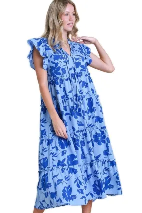 Floral Print Tiered Dress, Periwinkle