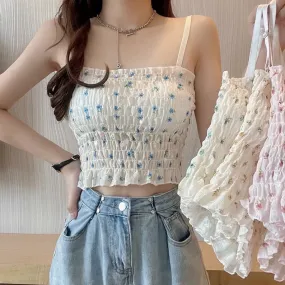 Floral Printed Camisole Woman Summer Sweet Spaghetti Strap Tank Top Female with Built In Bra Corset Women Vest with Padded