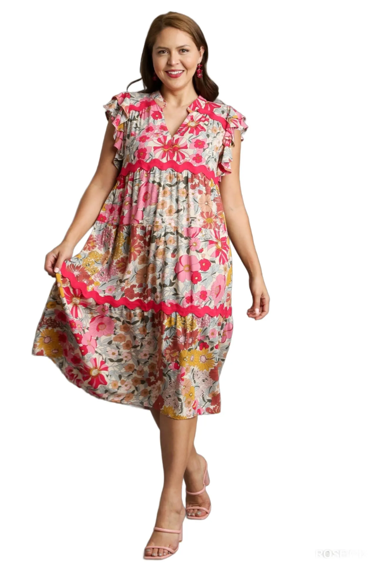 Floral Ric Rac Midi Dress, Rose