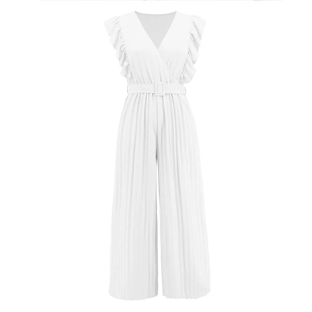 Formal Belted Ruffle Pleated V Neck Wide Leg Palazzo Jumpsuits For Women