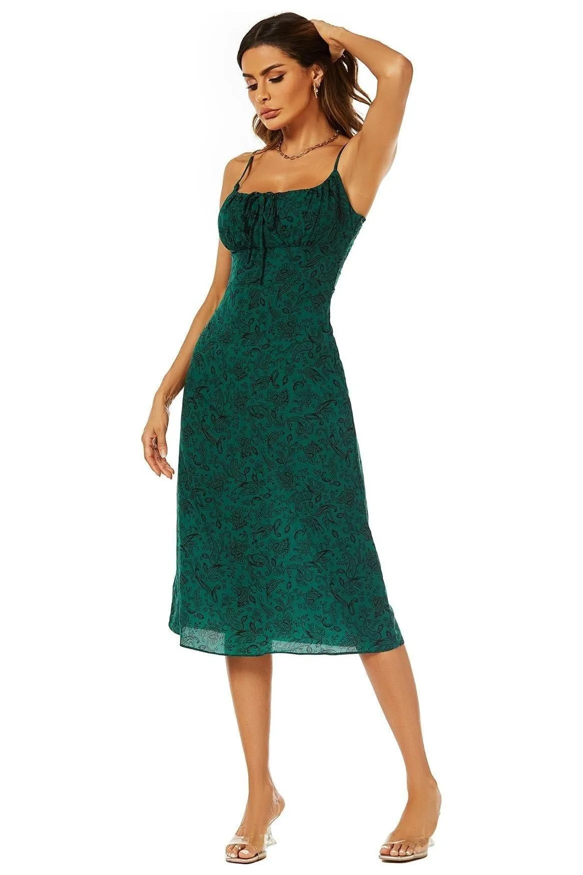 FS Collection Scoop Neckline Strappy Midi Dress With Keyhole In Green