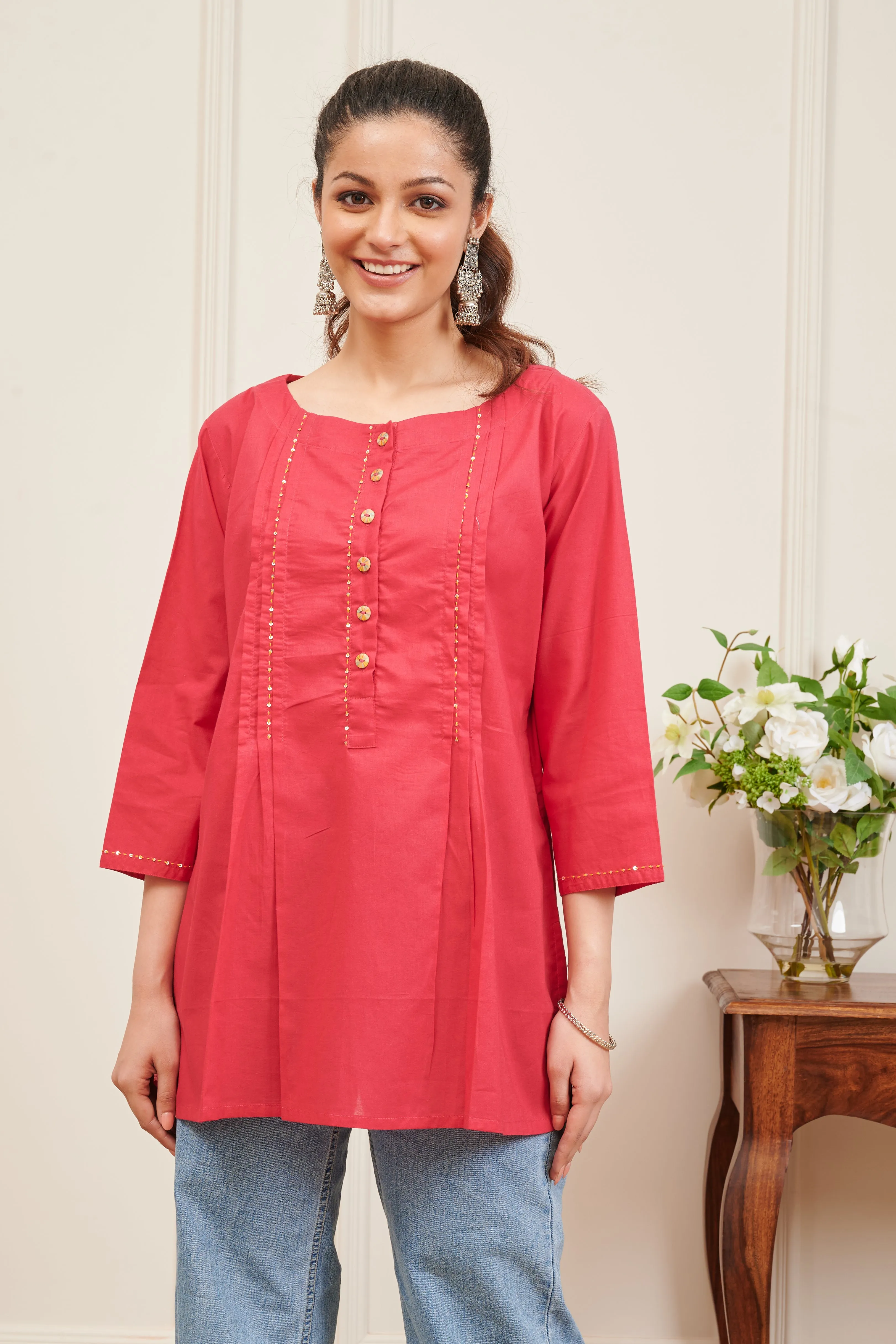 Fuchsia Pink Cotton Pintuck Solid Tunic Top