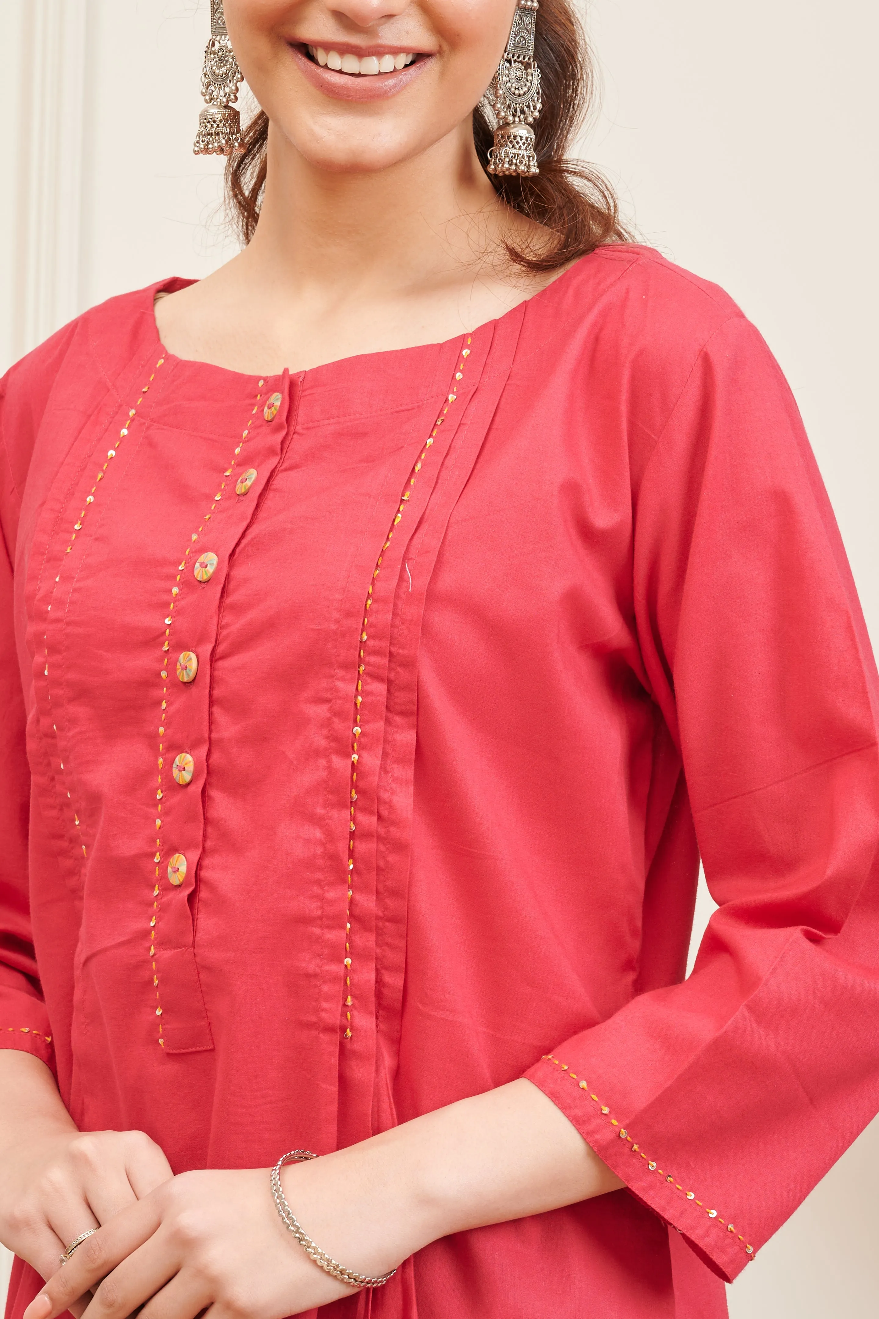 Fuchsia Pink Cotton Pintuck Solid Tunic Top