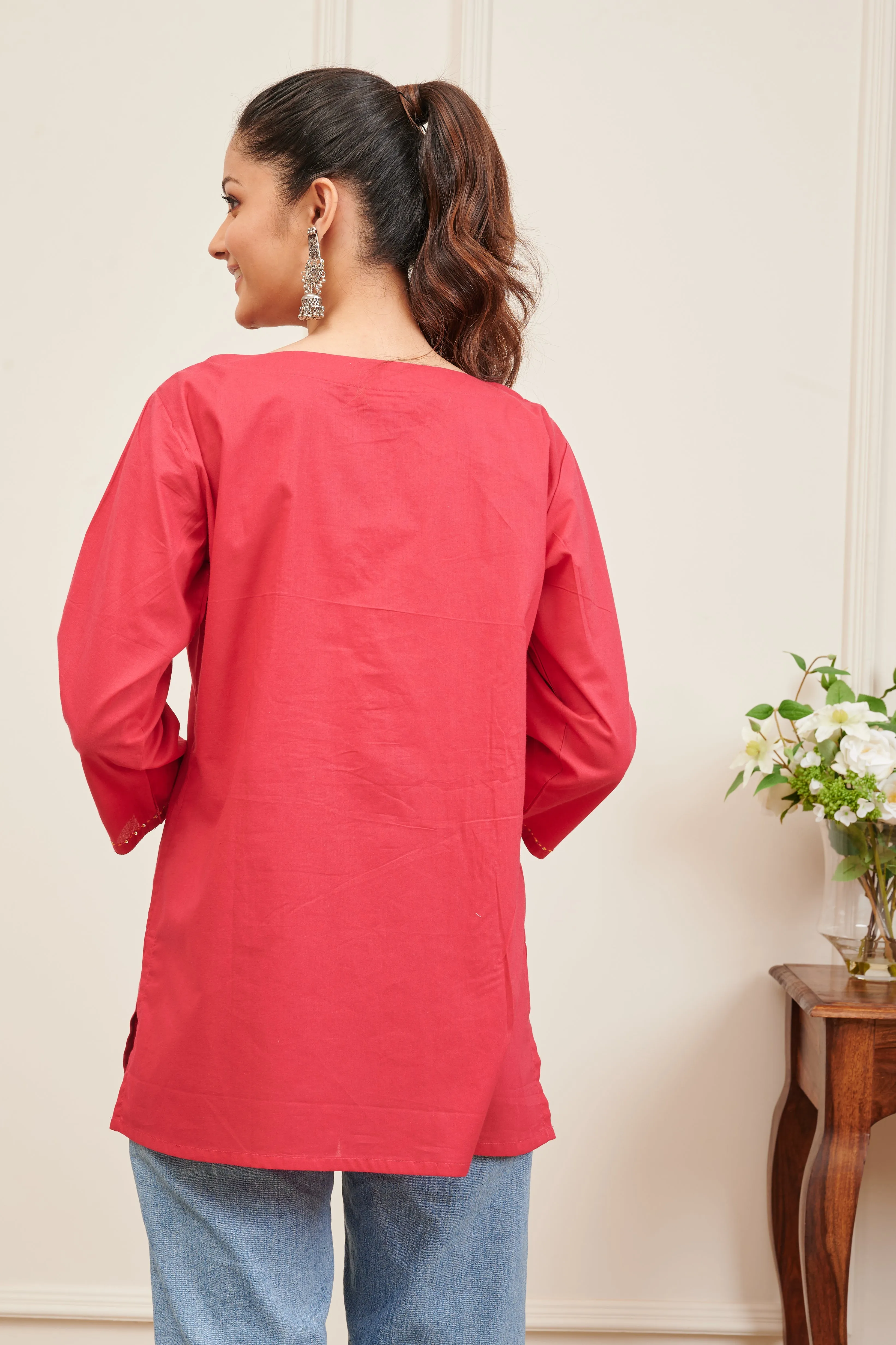 Fuchsia Pink Cotton Pintuck Solid Tunic Top