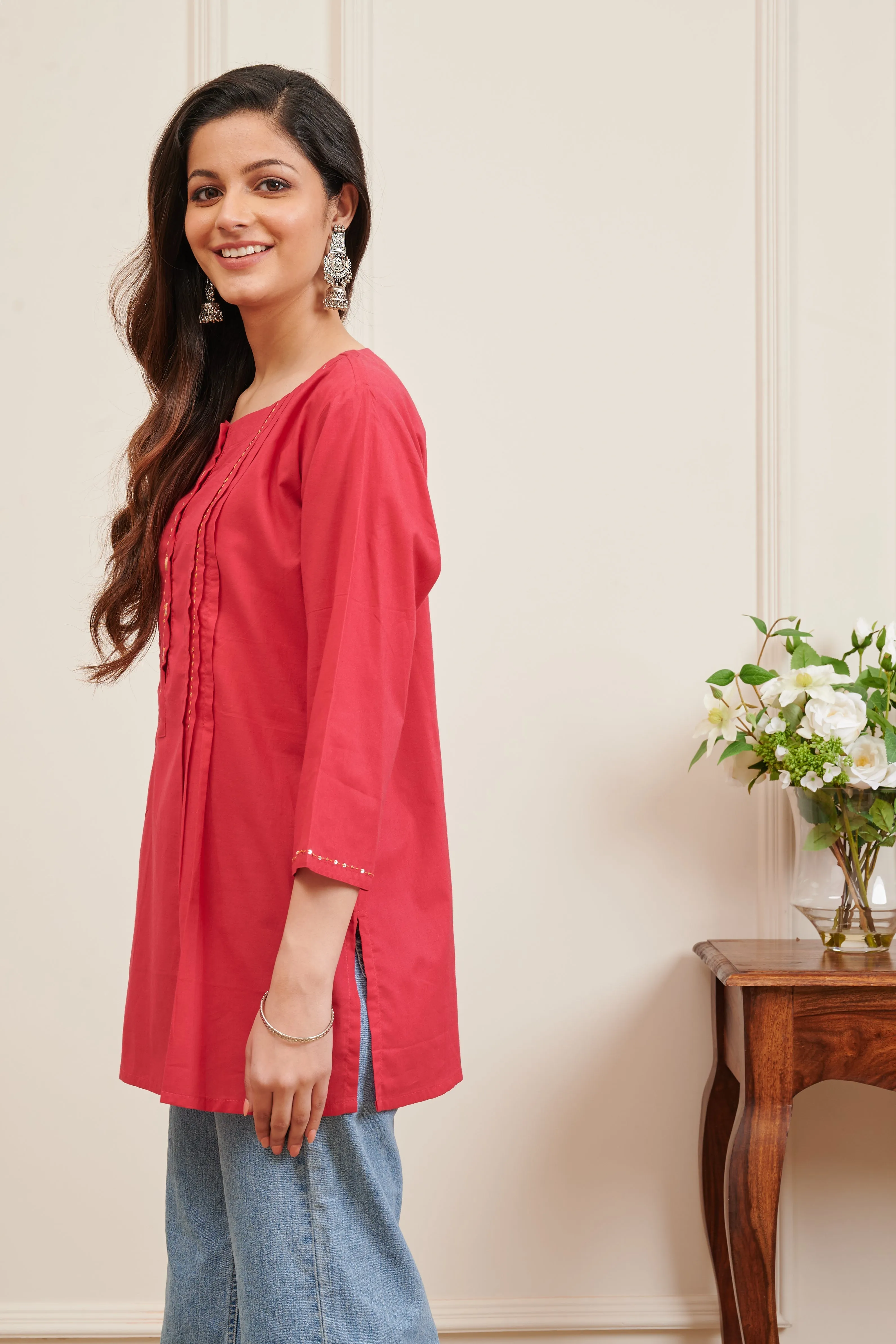 Fuchsia Pink Cotton Pintuck Solid Tunic Top