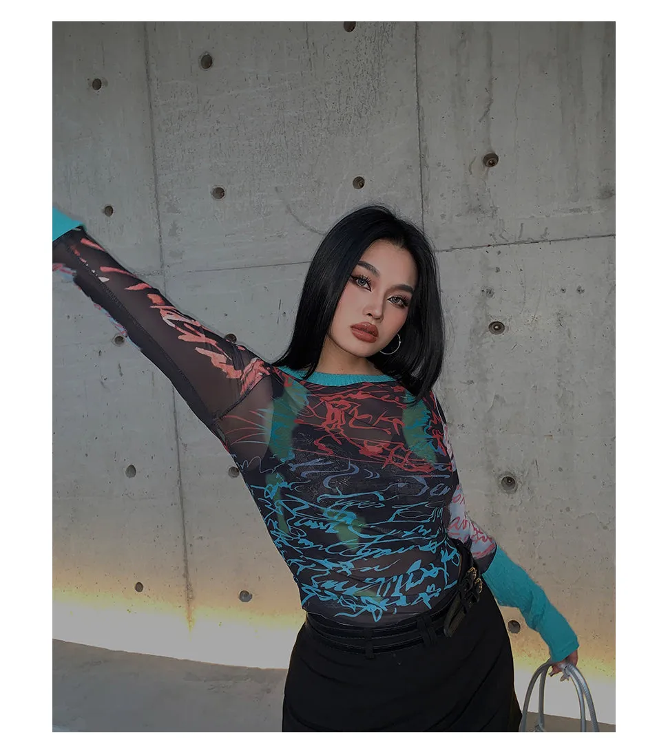 Genvieve Graphic Print Off-the-Shoulder Mesh See Through Slim Long Sleeve Top