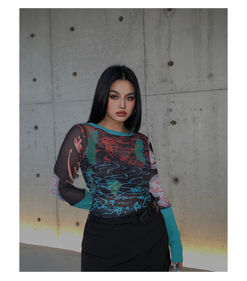 Genvieve Graphic Print Off-the-Shoulder Mesh See Through Slim Long Sleeve Top