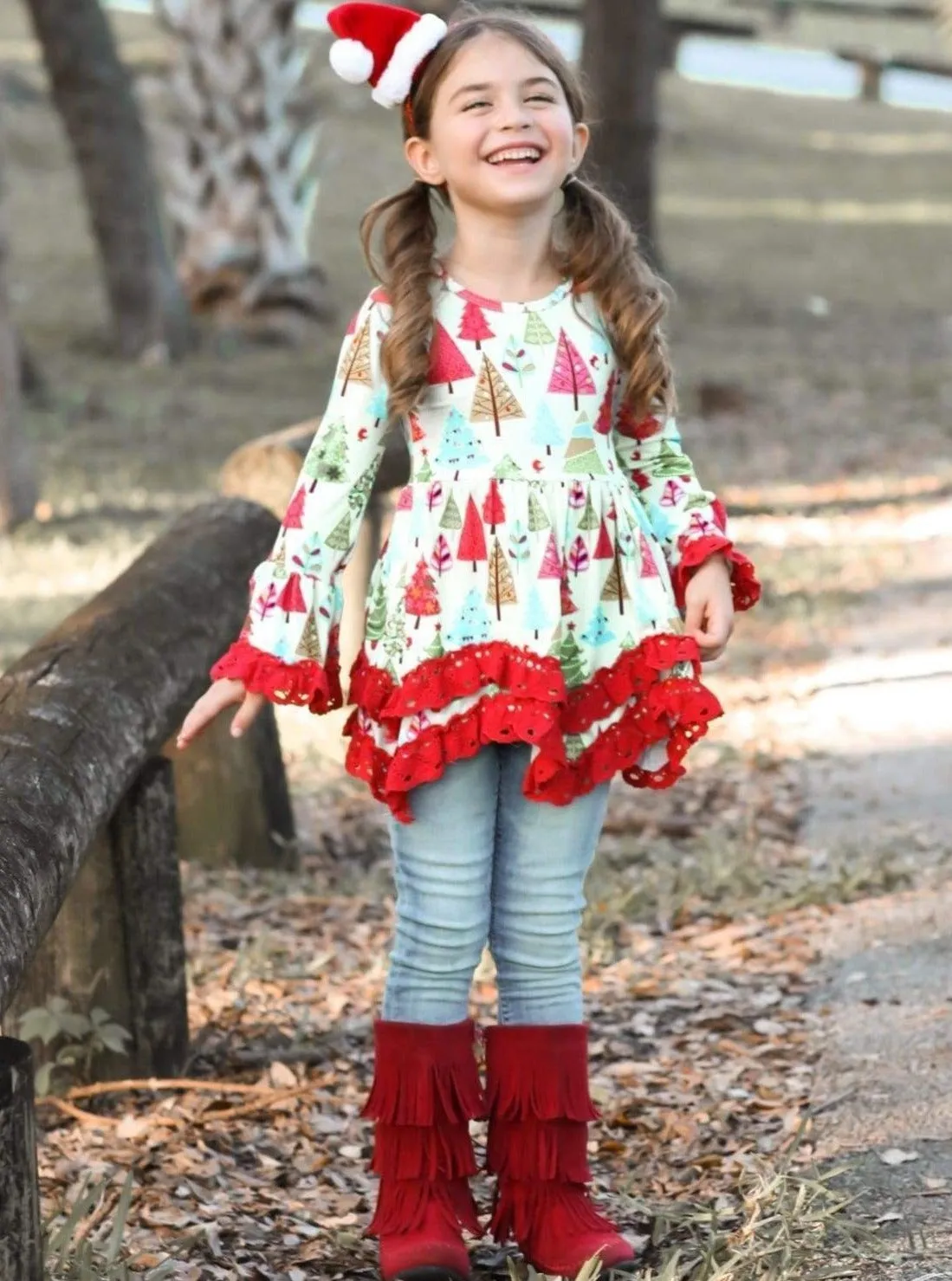 Girls Christmas Tree Tunic with Red Ruffles