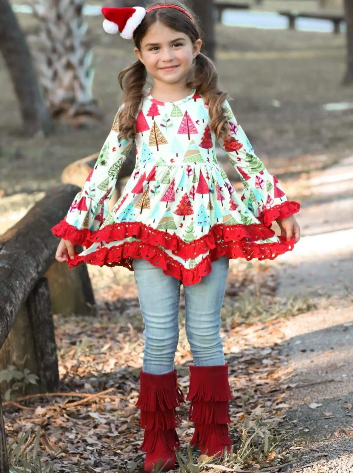 Girls Christmas Tree Tunic with Red Ruffles