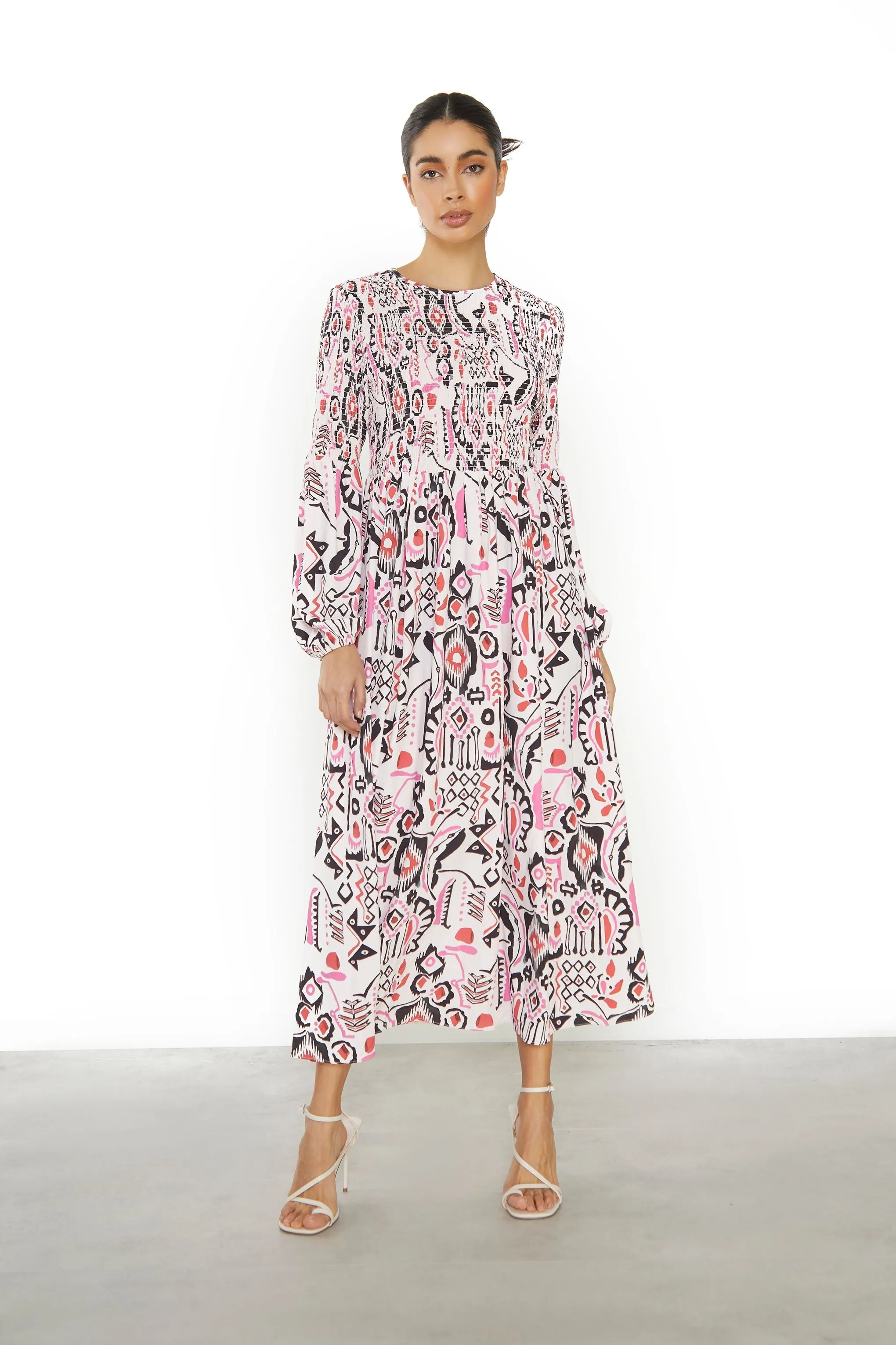 Glamorous Multi Abstract Long Sleeve Midi Dress