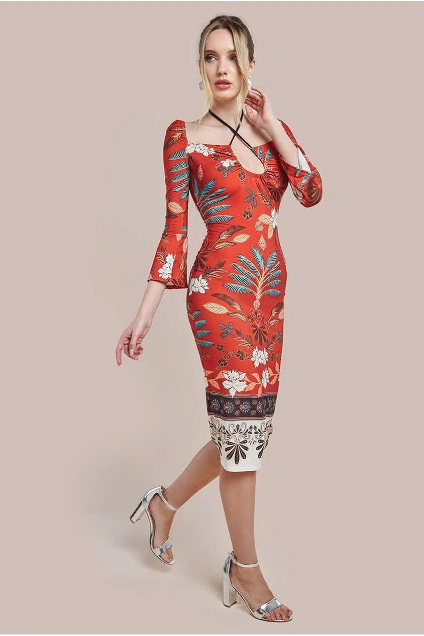 Goddiva Printed Tie Back Midi Dress - Orange