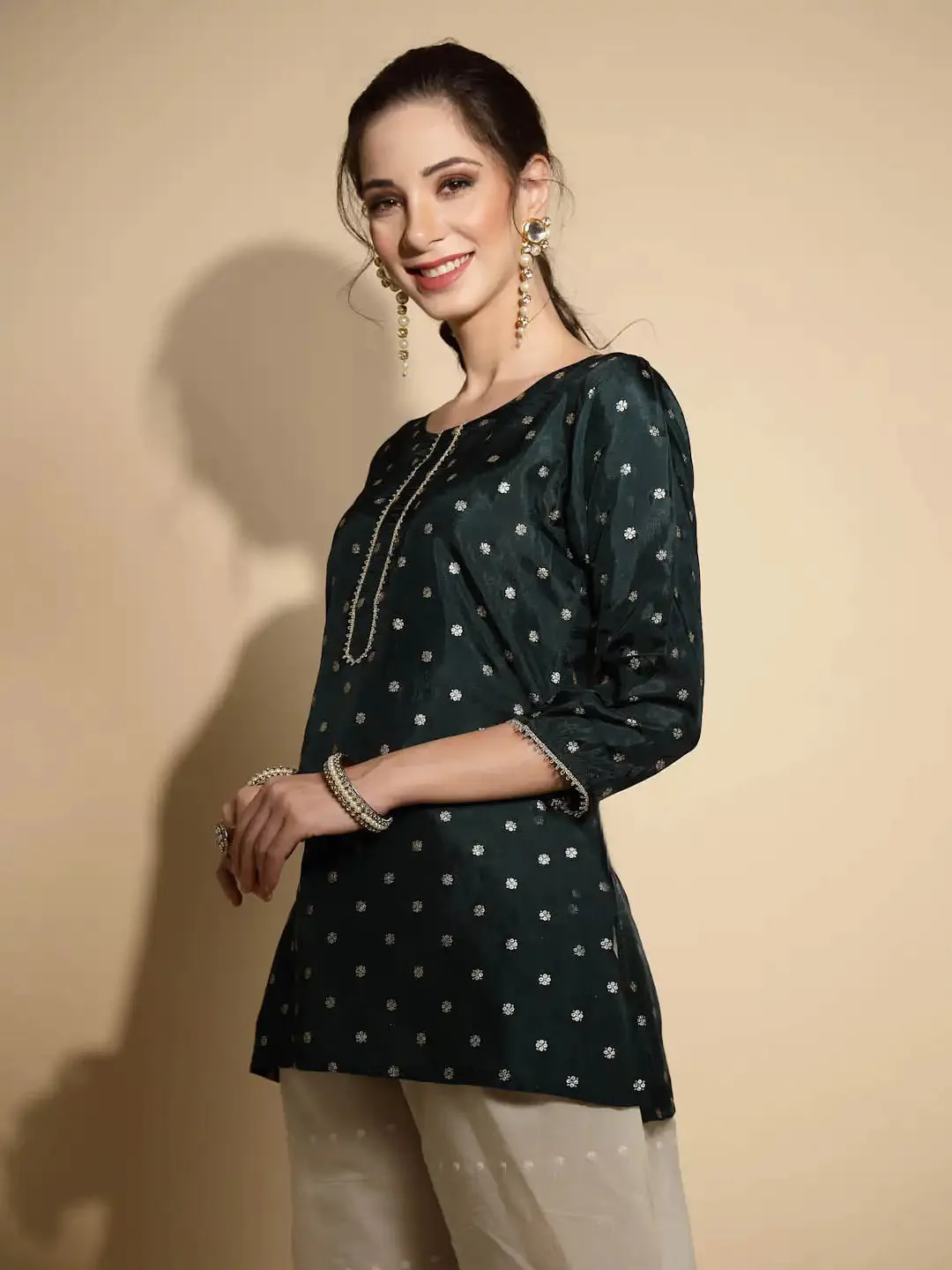 Green Embroidered Satin Tunic