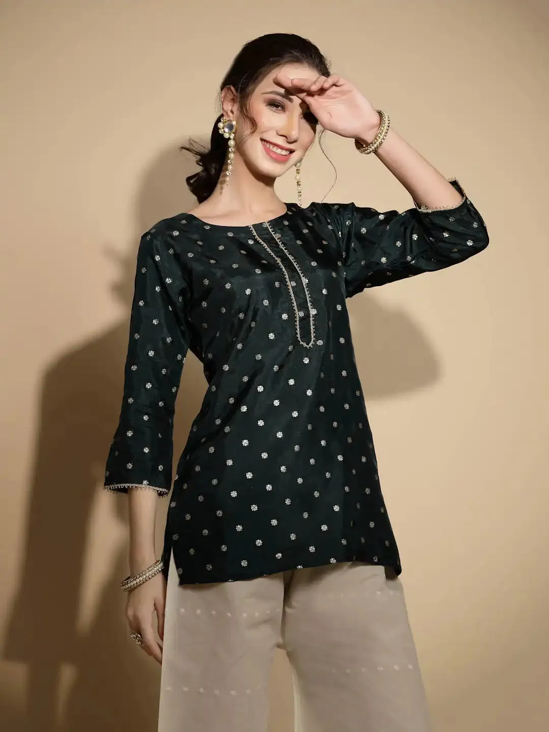 Green Embroidered Satin Tunic