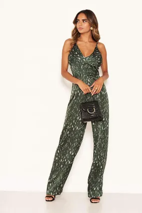 Green Printed Satin Wide Leg Jumpsuit