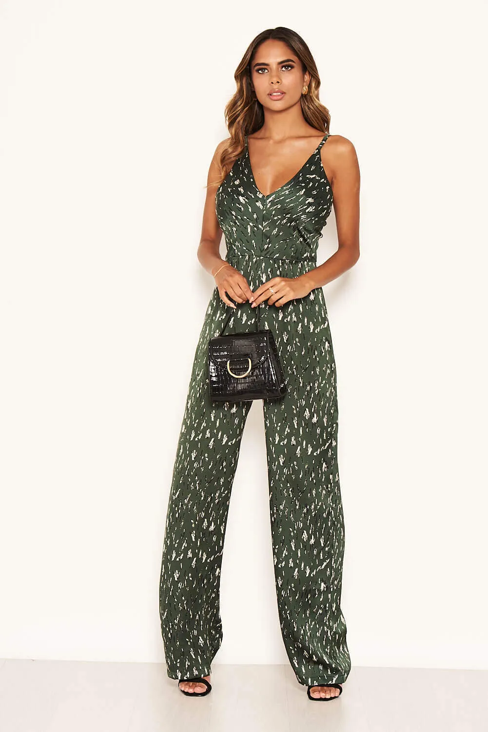 Green Printed Satin Wide Leg Jumpsuit