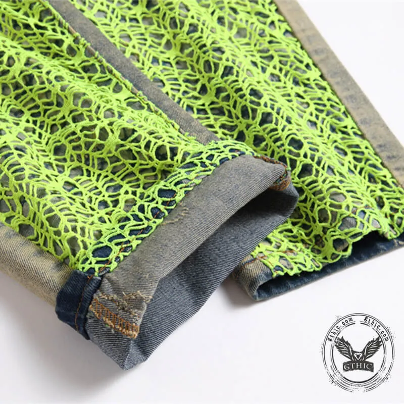 Green Spider Web Embroidered Cotton Pants