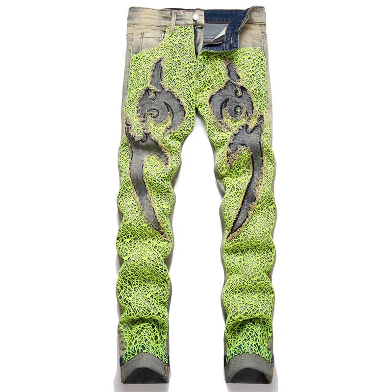 Green Spider Web Embroidered Cotton Pants