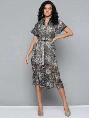 Grey Animal Lurex Print Front Open Midi Dress