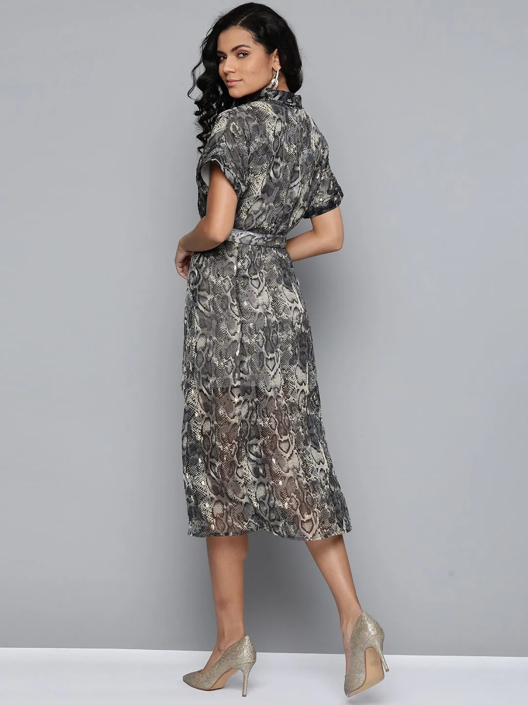 Grey Animal Lurex Print Front Open Midi Dress