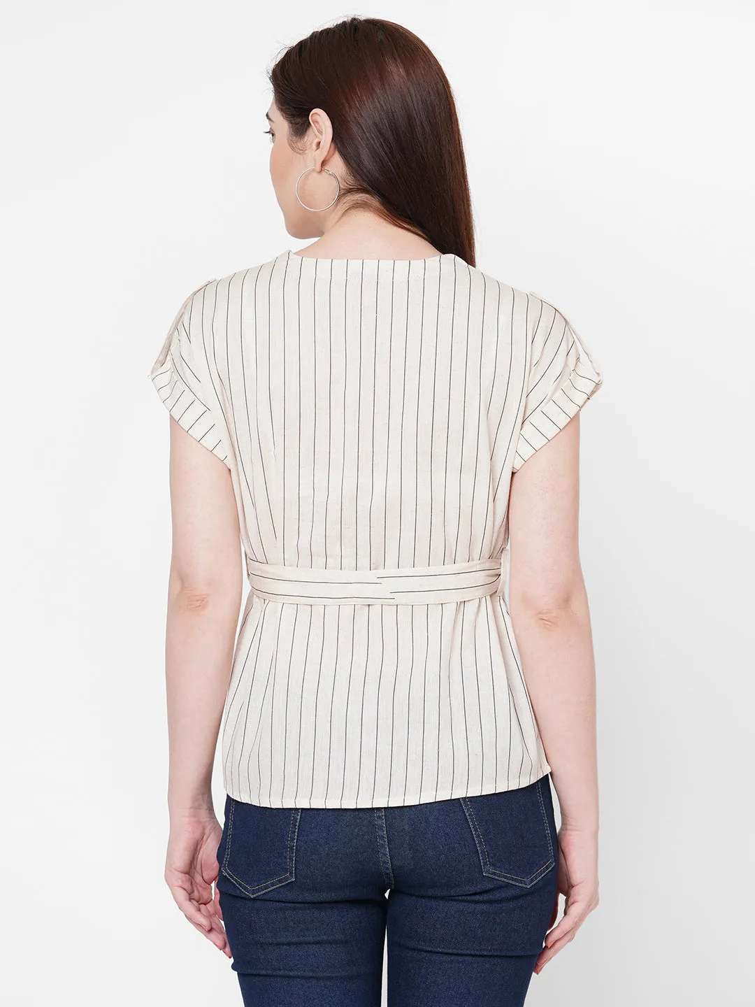 Grey Stripes Top With Tie Up Belt