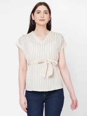 Grey Stripes Top With Tie Up Belt