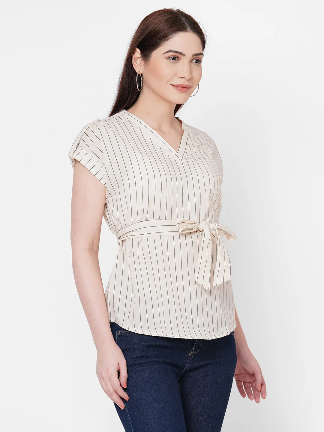 Grey Stripes Top With Tie Up Belt